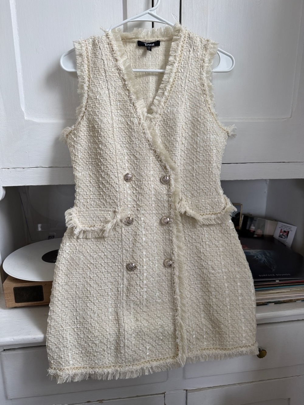 Textured Ivory Tweed Double-Breasted Dress